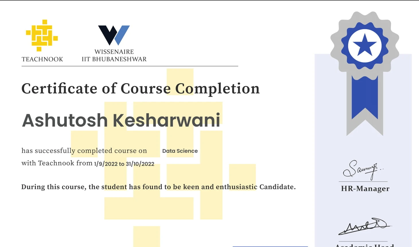 Data Science Teachnook Certificate